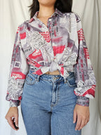 Vintage blouse with gray and red print | L