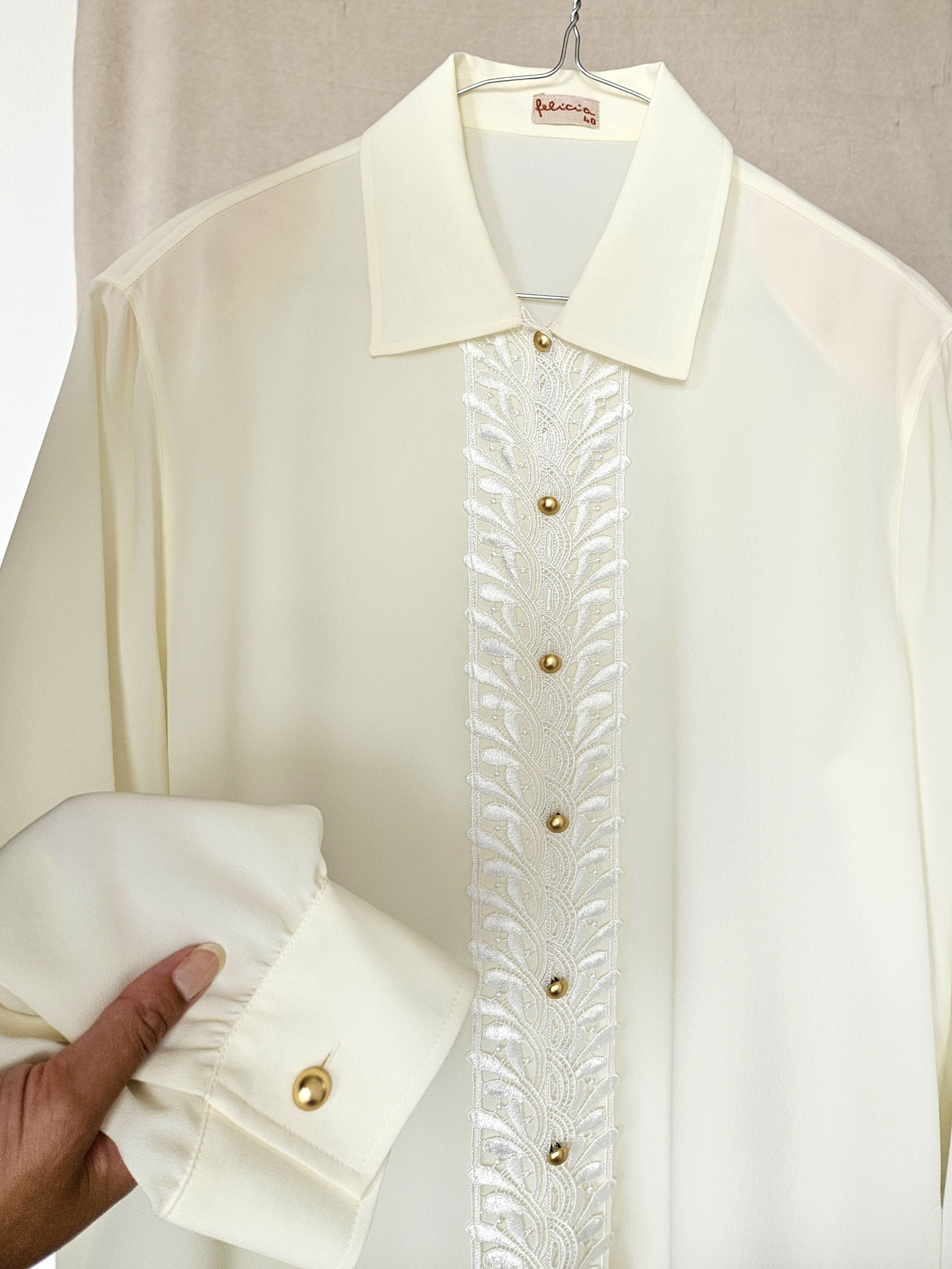 Thalia - pastelgele vintage blouse met kant | XL