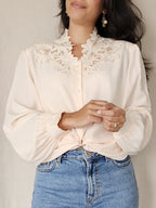 Pastel orange vintage blouse with lace embellishments | XL