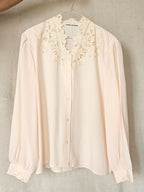 Pastel orange vintage blouse with lace embellishments | XL
