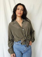Olive-colored 100% silk blouse | L