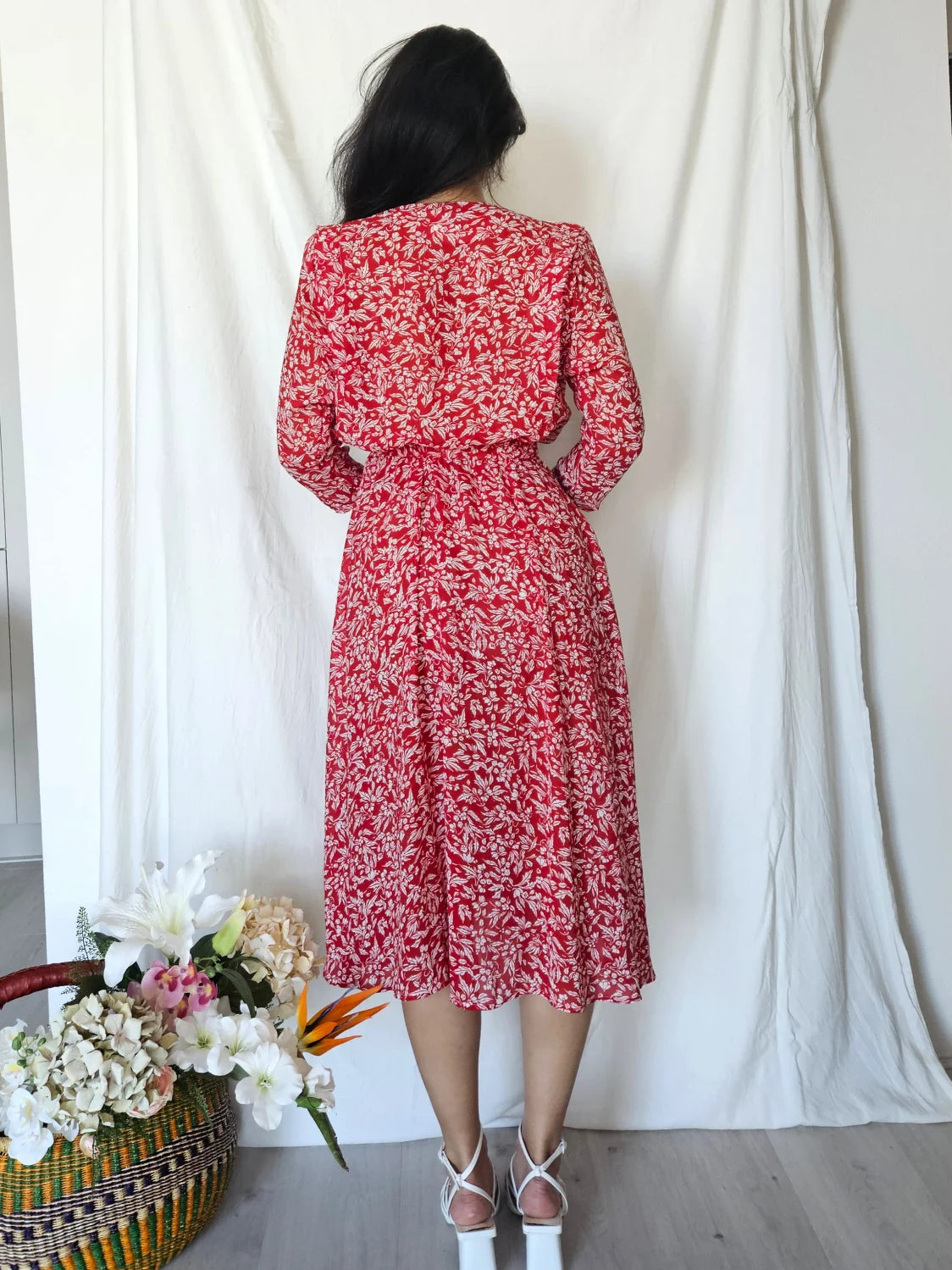 Rode vintage overslag jurk met kant | XS