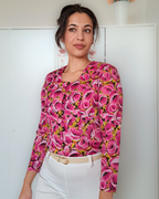 Roze vintage top met rozen en knoopjes | XS