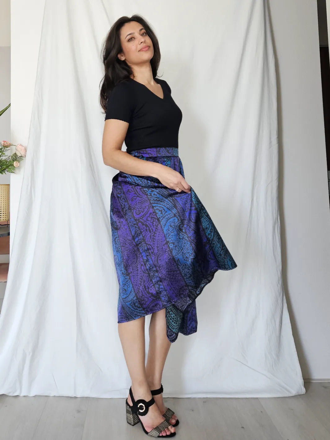 Vintage A-lijn rok paars met blauw  | M