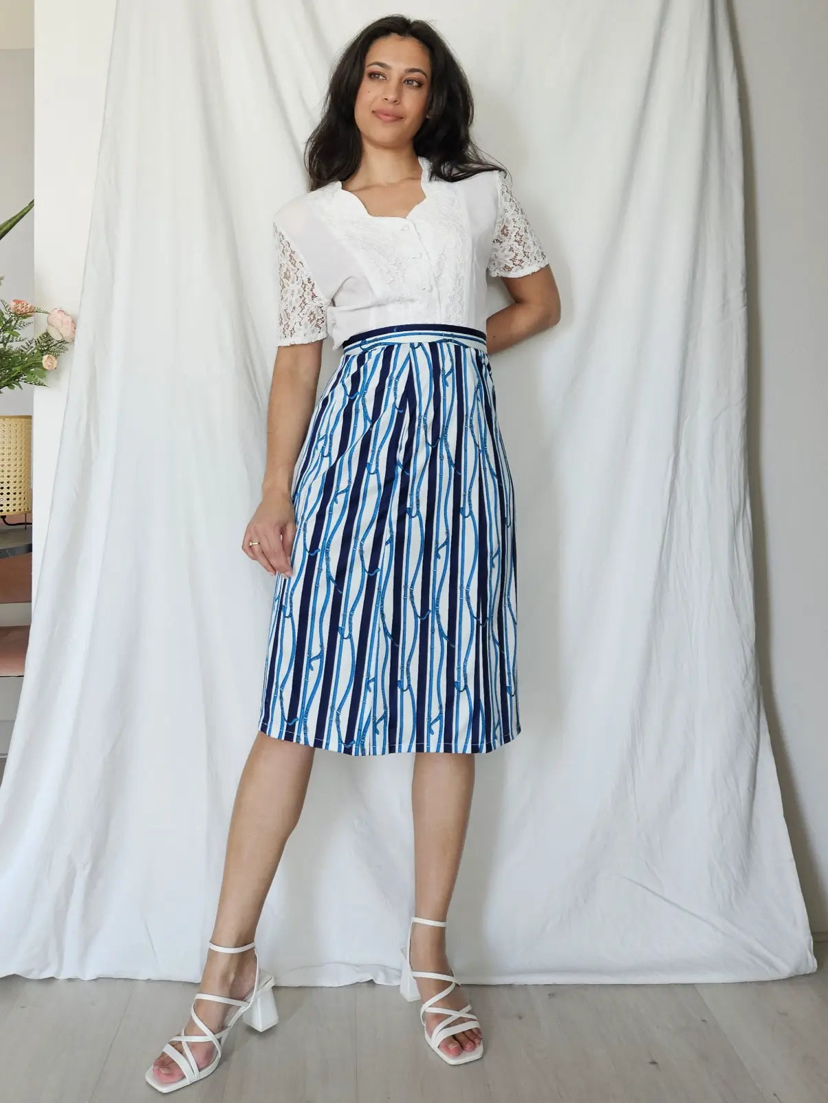 Vintage rok met blauwe print, zijde | L