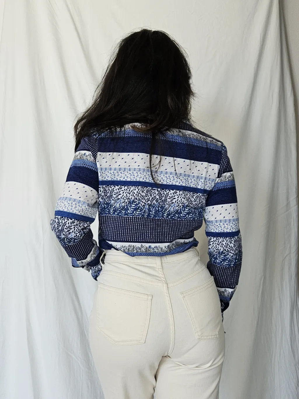 Jaren 70 top gestreept blauw, katoen | L