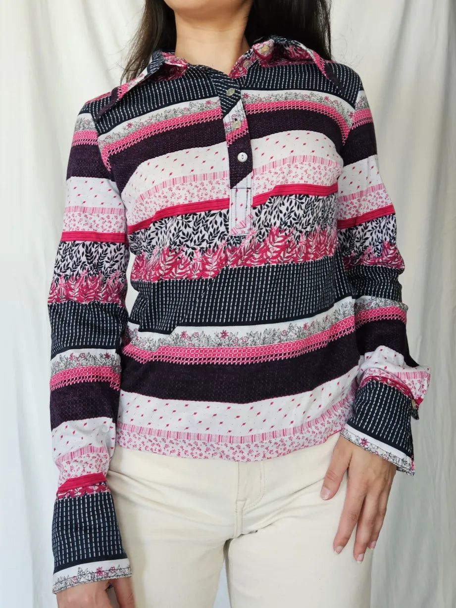 Jaren 70 top gestreept roze, katoen | M