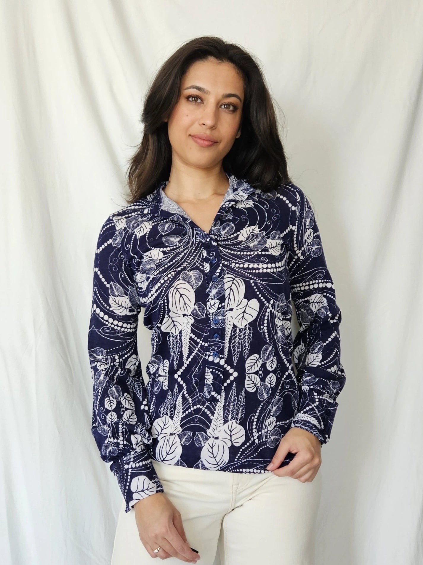Jaren 70 top donkerblauw, katoen | S