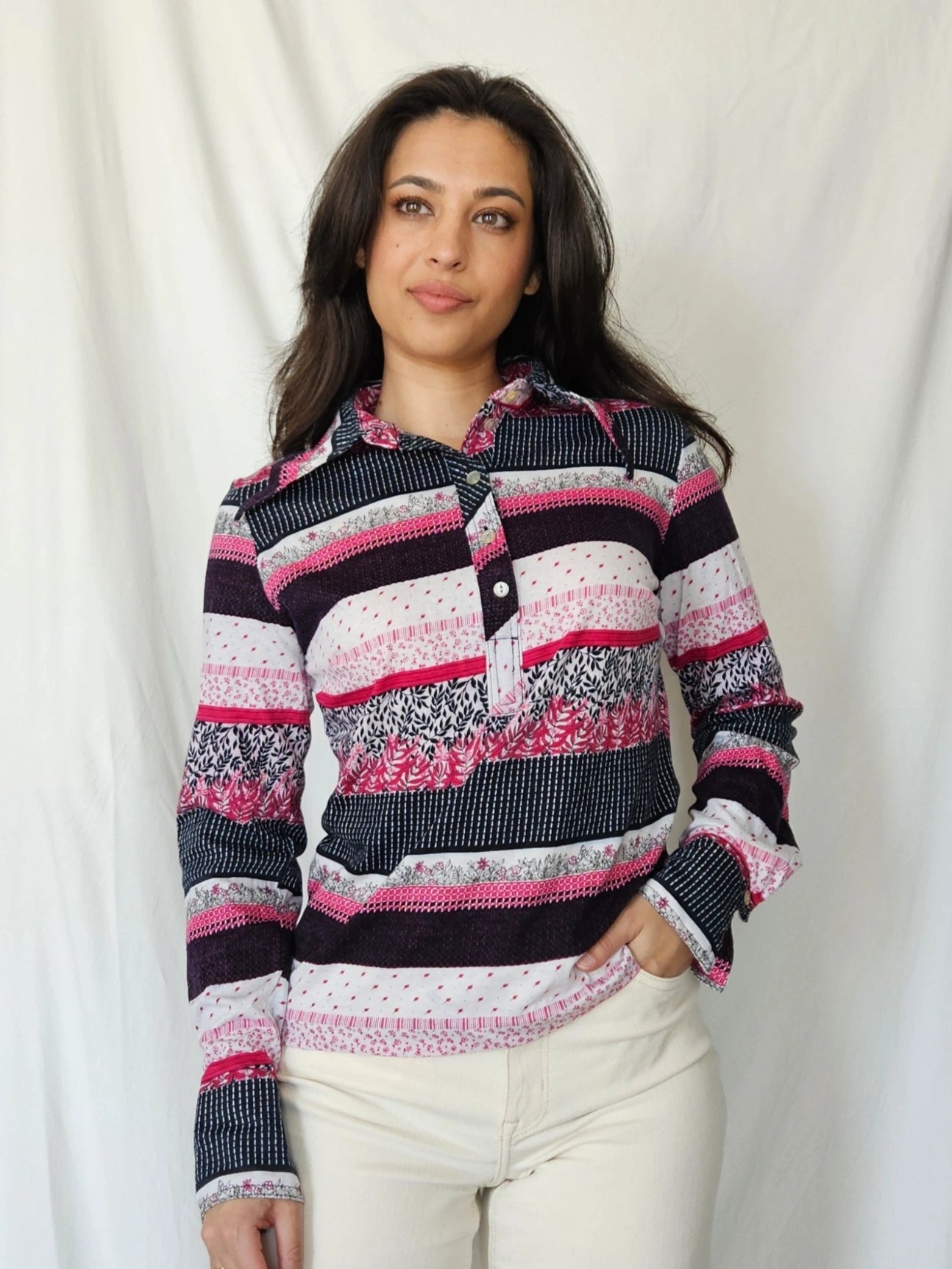 Jaren 70 top gestreept roze, katoen | M