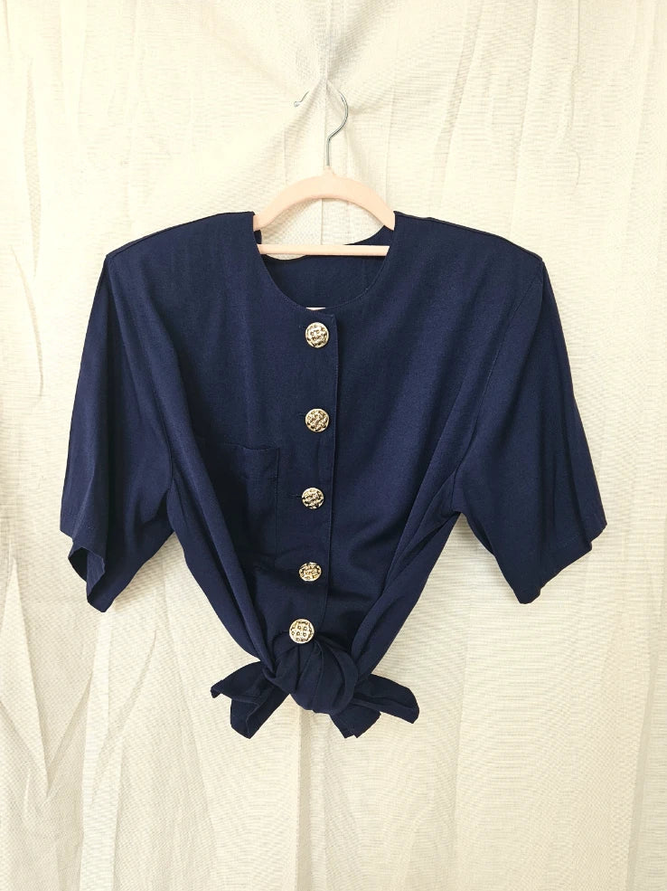 Chloé - donkerblauwe vintage blouse met korte mouw | XL
