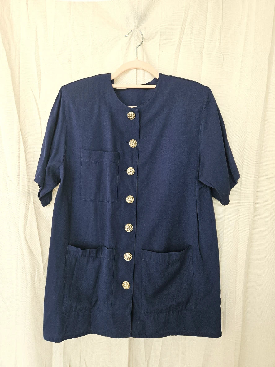 Chloé - donkerblauwe vintage blouse met korte mouw | XL