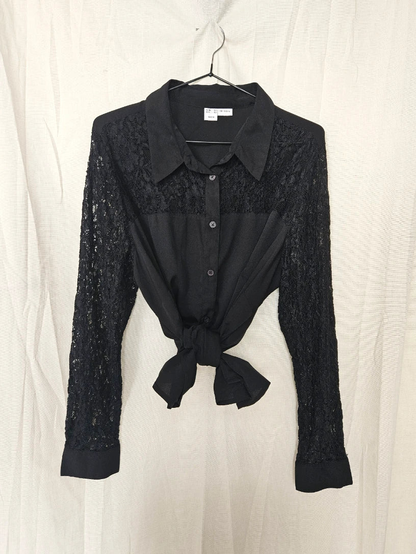 Avi - zwarte vintage blouse met kant | XL