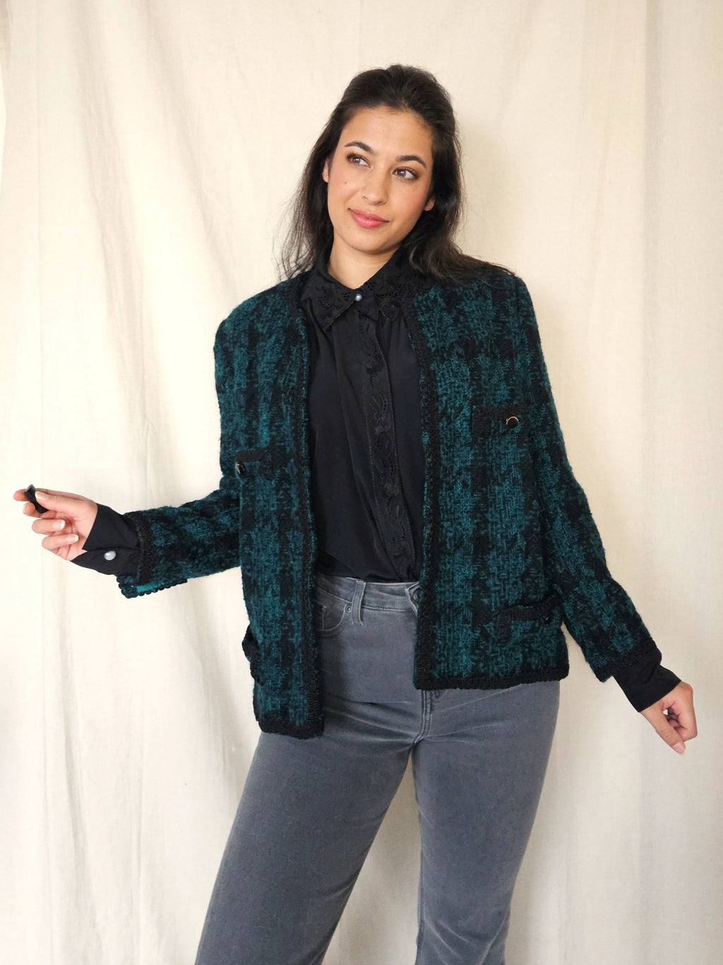 Donkergroen wollen bouclé jasje | S/M