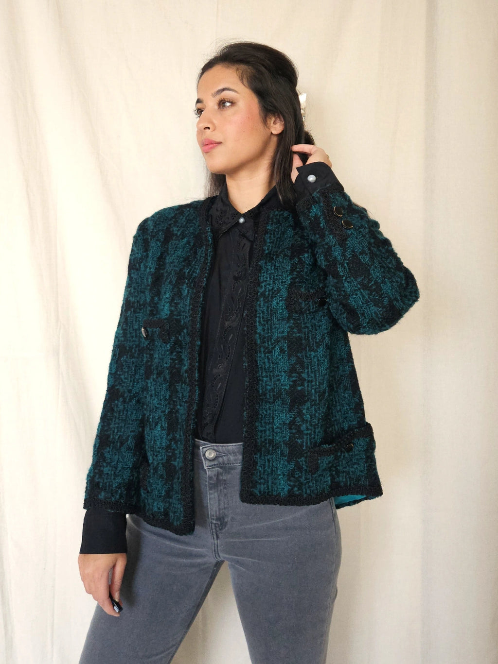 Donkergroen wollen bouclé jasje | S/M