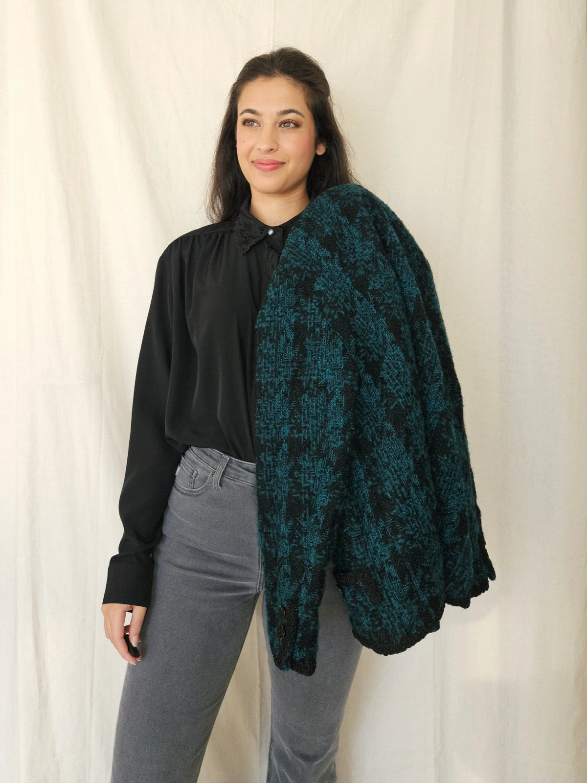 Donkergroen wollen bouclé jasje | S/M