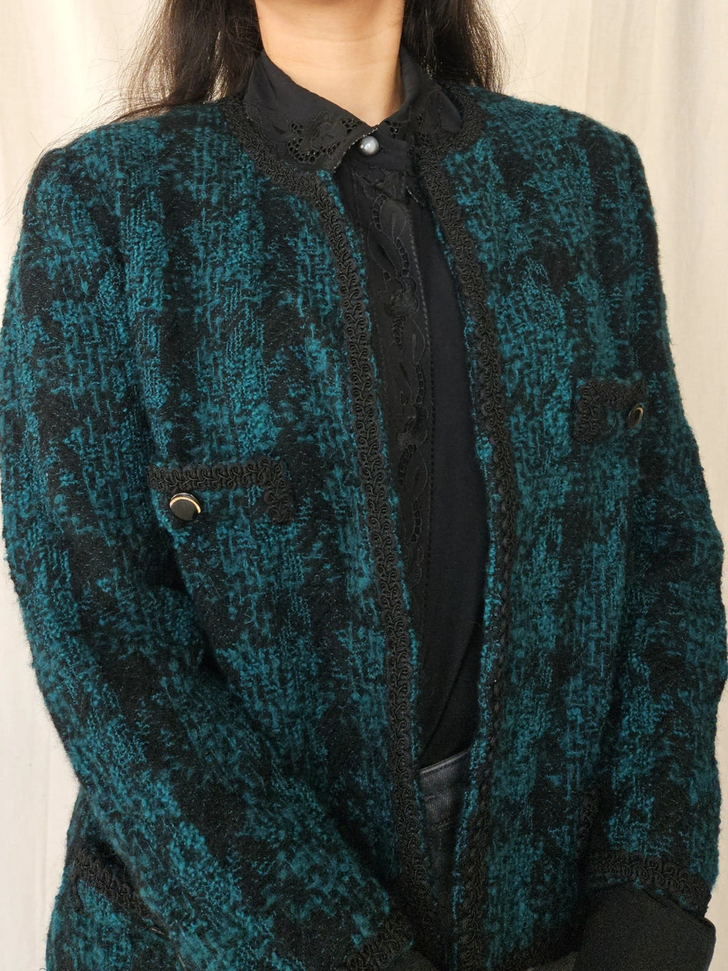 Donkergroen wollen bouclé jasje | S/M