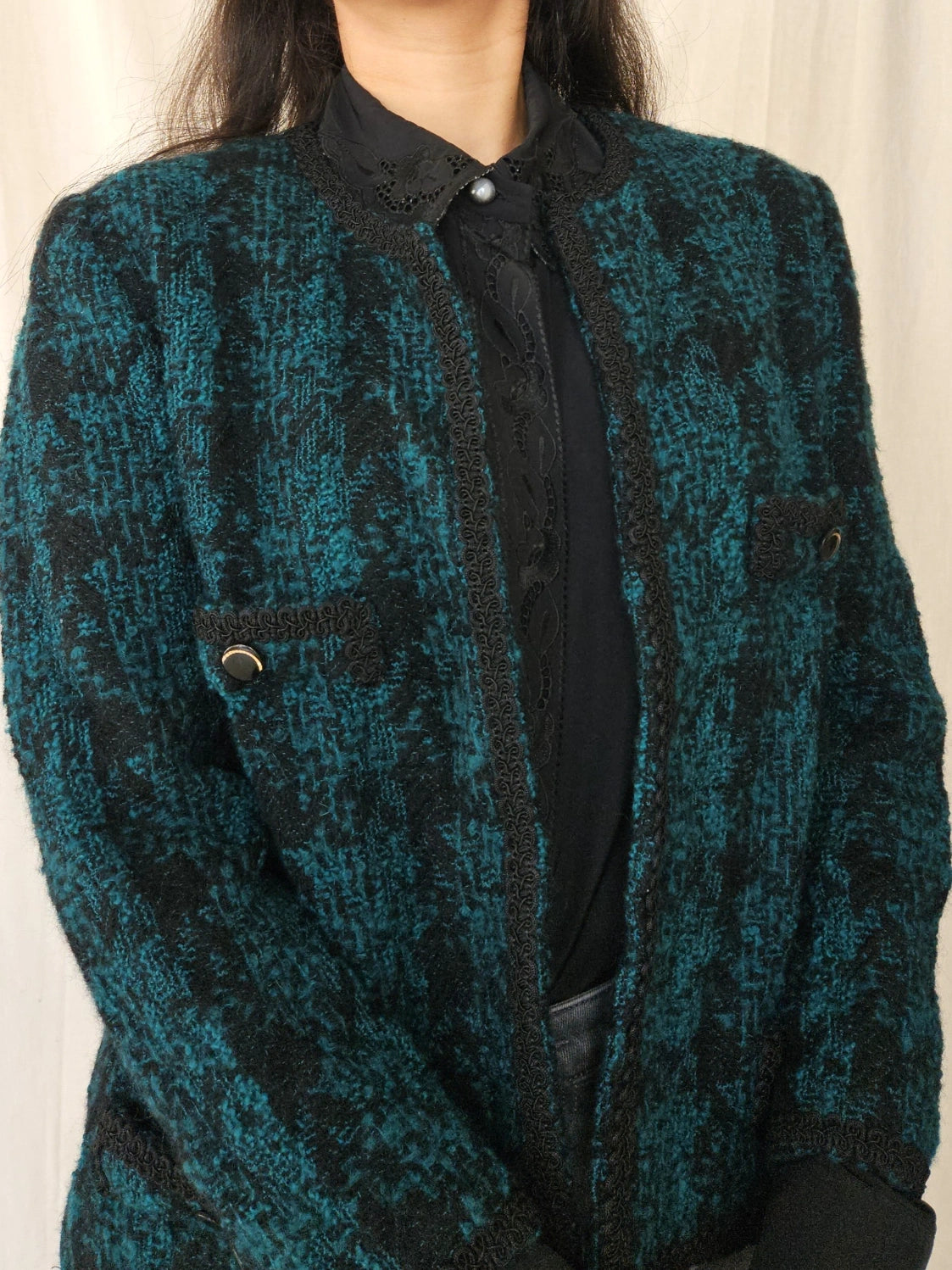 Donkergroen wollen bouclé jasje | S/M