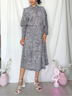 Grijze vintage jurk met bloemenpatroon en pussy bow | XL