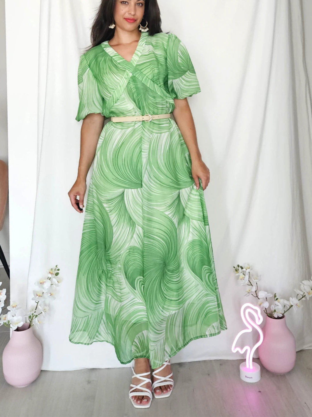 Lange lichtgroene vintage jurk van viscose | L