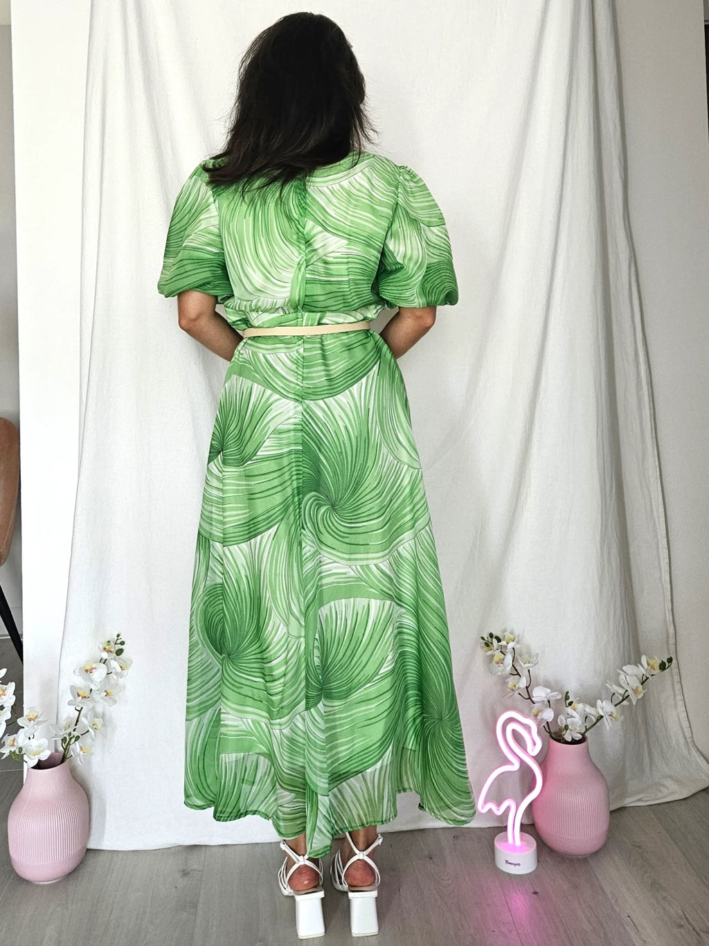 Lange lichtgroene vintage jurk van viscose | L