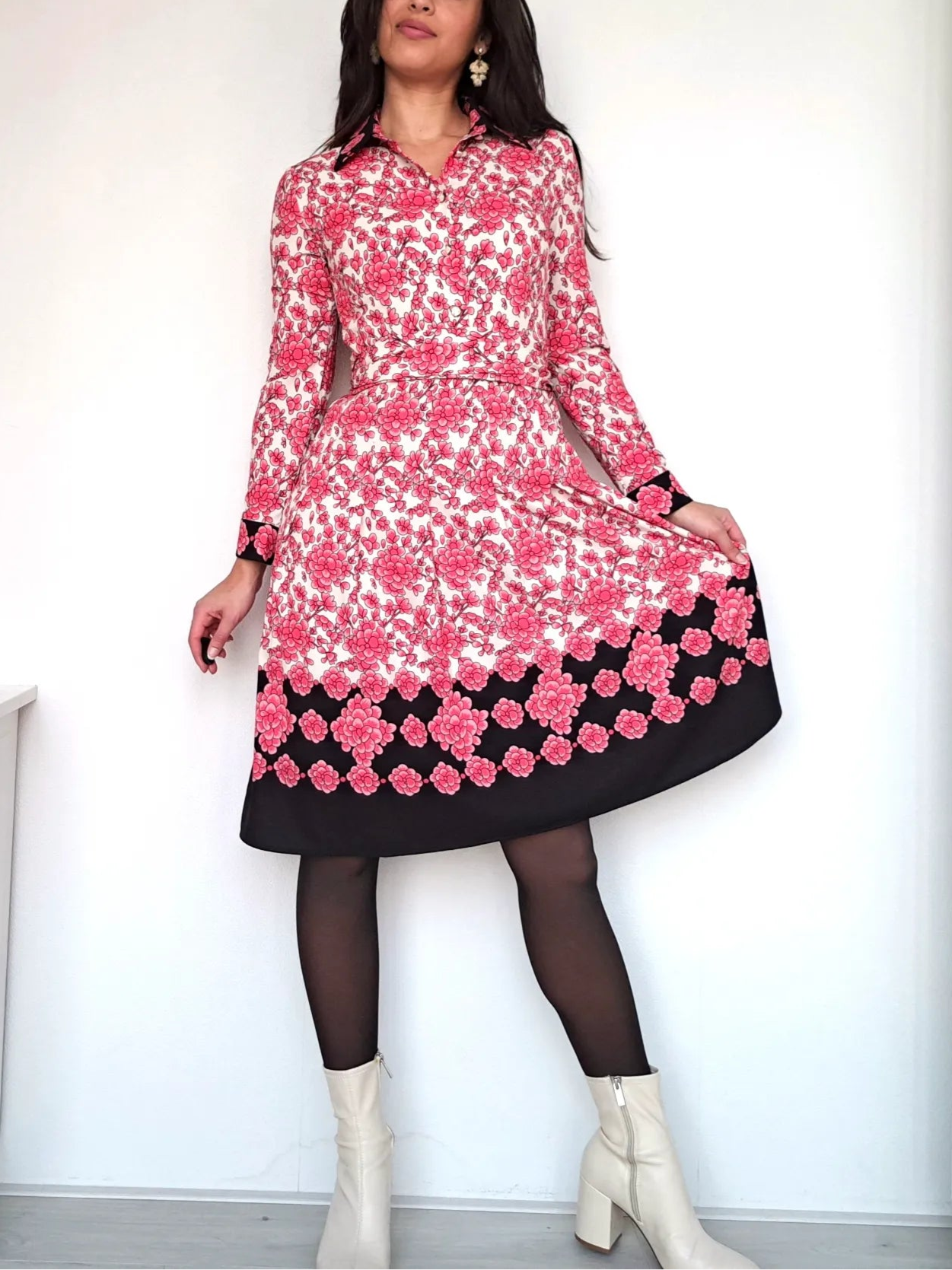 vintage jurk met roze bloemenprint
