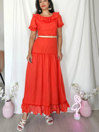 Lange rode vintage jurk met ruffles | XS/S