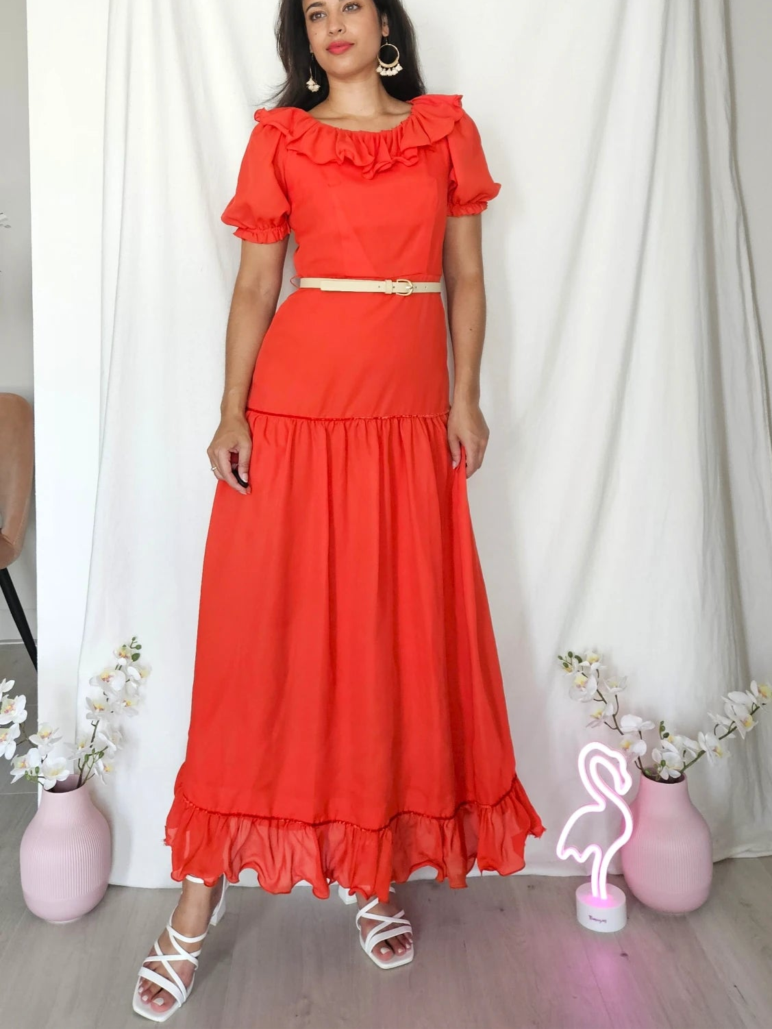 Lange rode vintage jurk met ruffles | XS/S