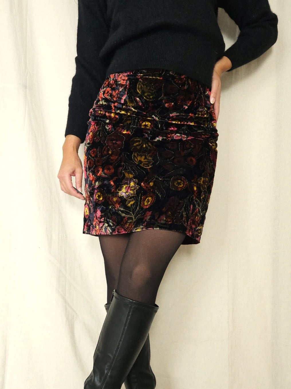 Fluwelen vintage rok kleurrijke bloemen | XS