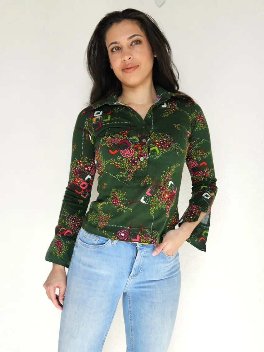 Jaren 70 top donkergroen, katoen | XS