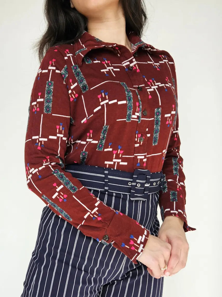Jaren 70 top donkerrood, katoen | L
