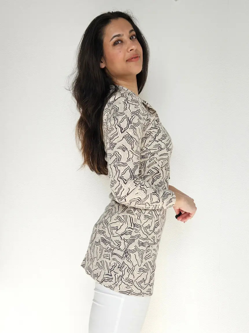 Jaren 70 top met bruine print, katoen | XS