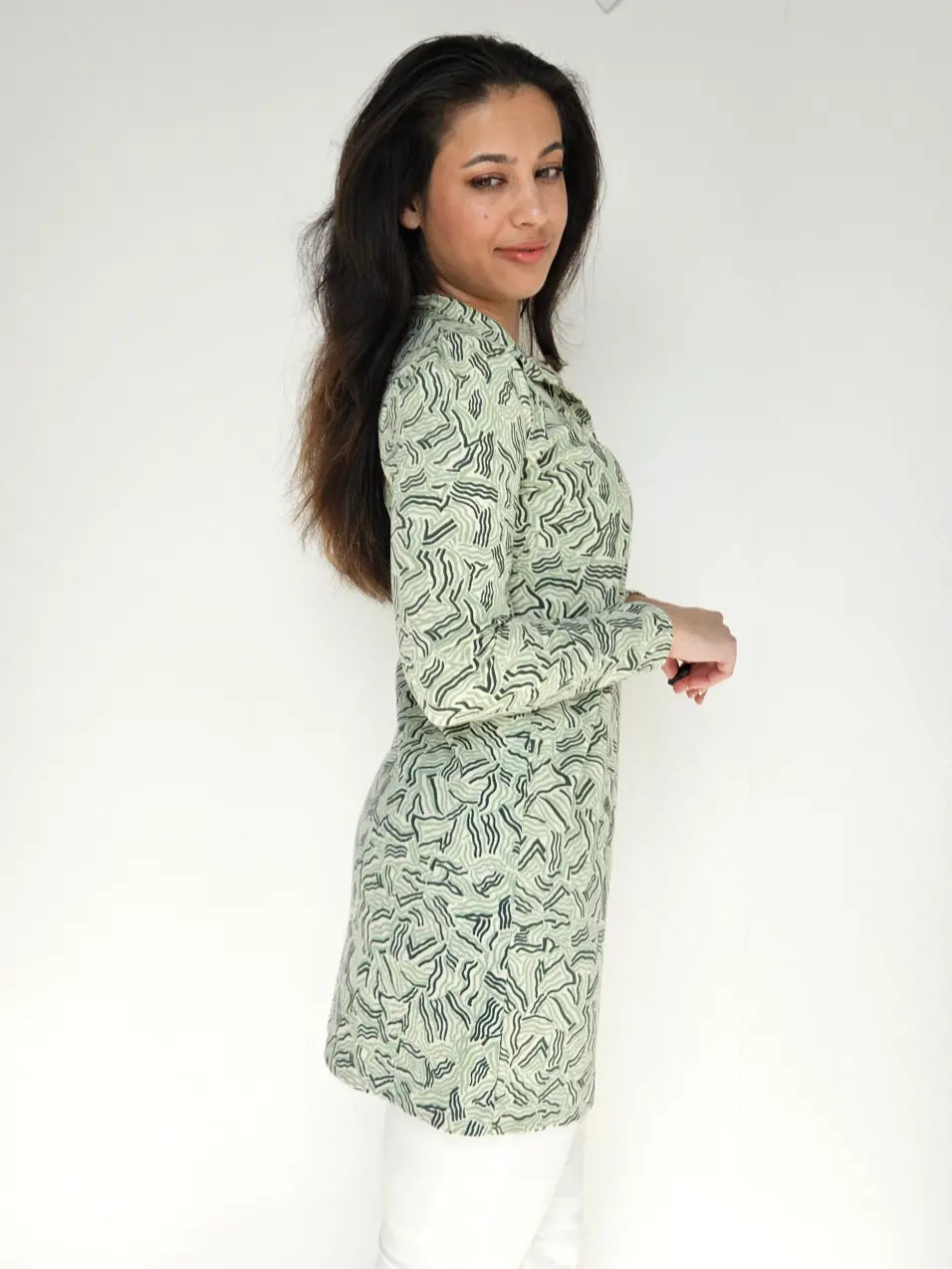 Jaren 70 top met groene print, katoen | S