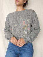 Vintage trui Soft Grey Flowers | L/XL