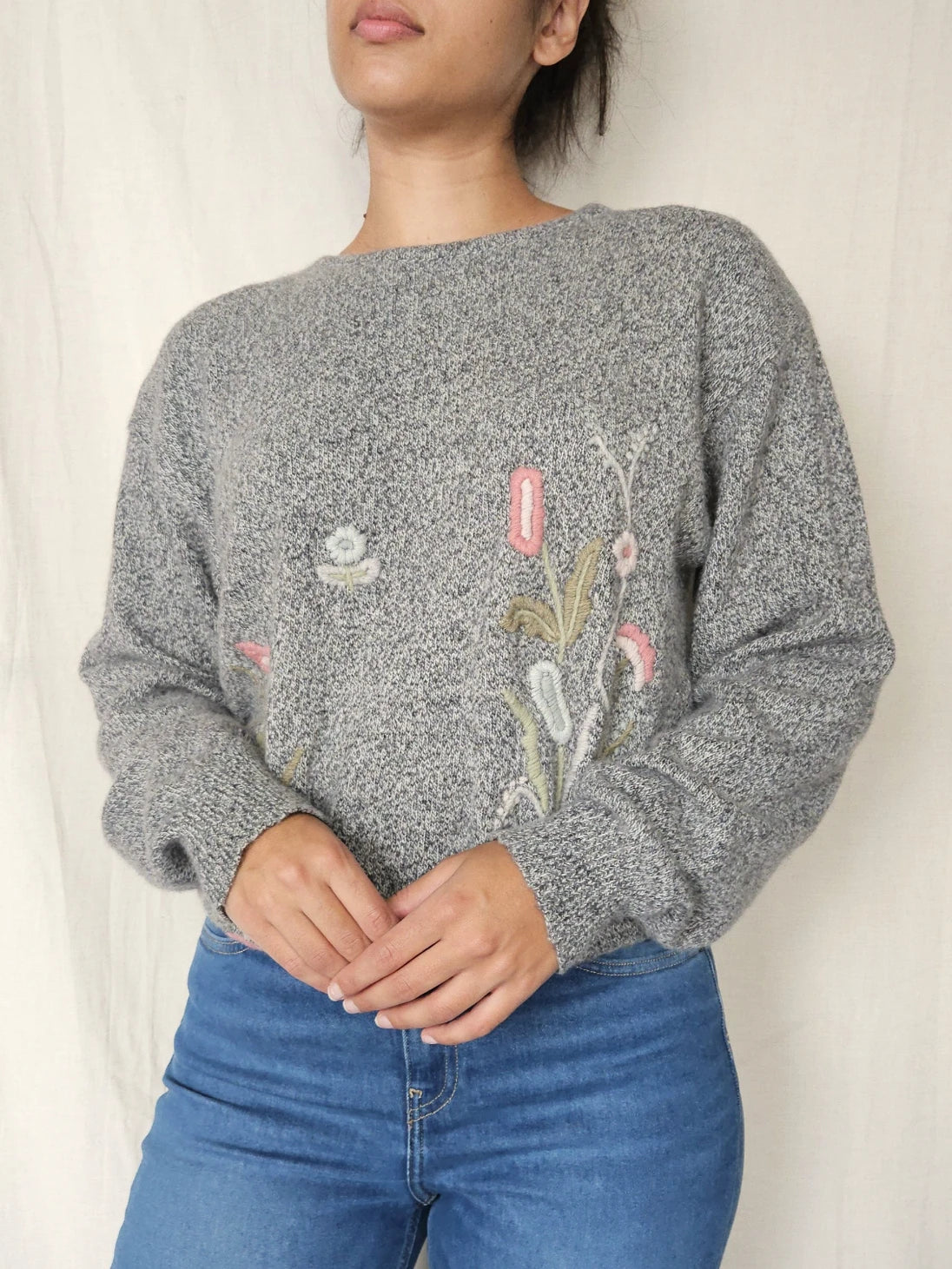 Vintage trui Soft Grey Flowers | L/XL