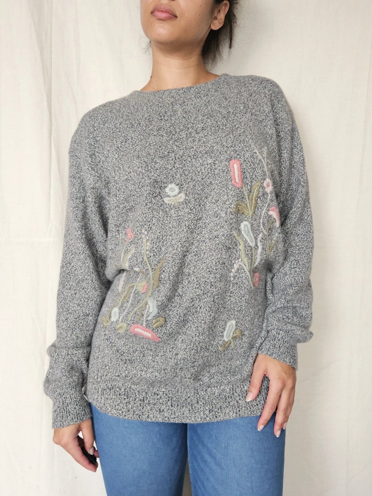 Vintage trui Soft Grey Flowers | L/XL