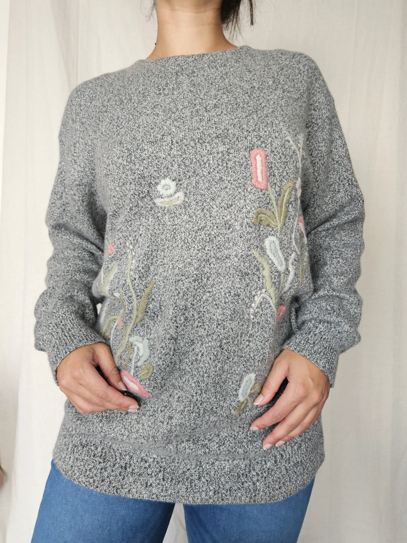Vintage trui Soft Grey Flowers | L/XL